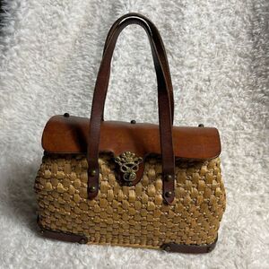 John Romain Vintage Straw hand  Bag Woven rush straw  brown Leather Straps&trims